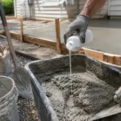 Rękawiczki i kielnia mieszają beton. Powstaje podjazd, który będzie wyglądał jak terazzo.