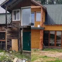 Przed i po: budowa domu drewnianego. Stary, zniszczony budynek zyskał nowe życie dzięki renowacji i nowej elewacji.
