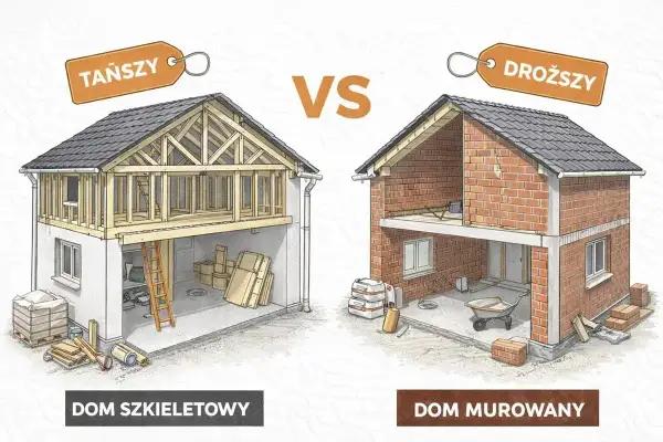 Porównanie budowy domu szkieletowego (tańszy) i murowanego (droższy). Widoczne etapy konstrukcji i materiały.