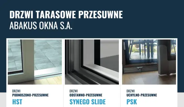Trzy rodzaje drzwi tarasowych: HST, Synego Slide i PSK. Okno PSK uchylno-przesuwne z widocznym mechanizmem.