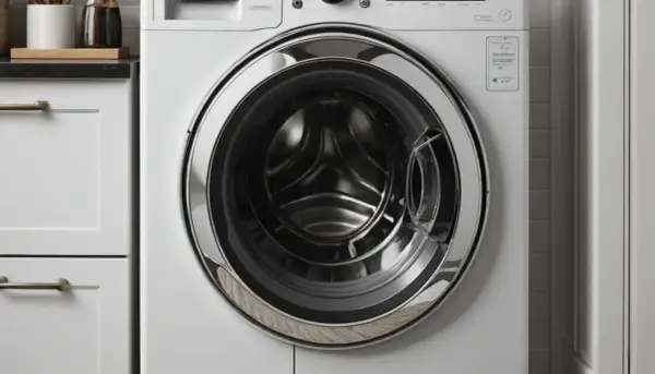 Nowa pralka Whirlpool z błędem F05. Nowoczesny design, chromowany detal drzwi.