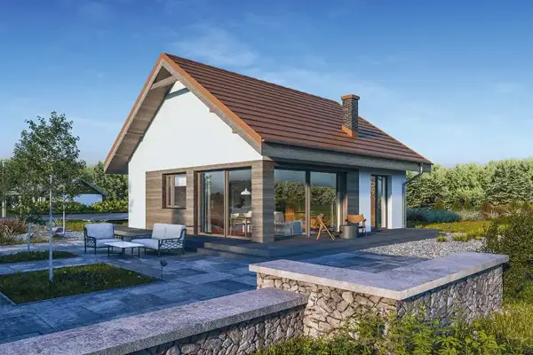 Nowoczesny dom 70m2 z poddaszem, z dużymi przeszkleniami i tarasem, otoczony zielenią.