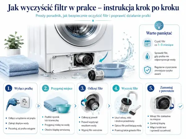 Instrukcja czyszczenia pralki: odłącz prąd, przygotuj miejsce, odkręć filtr, wyczyść go z włosów i nitek, a następnie zamontuj z powrotem.