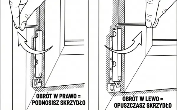 Regulacja okien na zimę: obrót klucza w prawo podnosi skrzydło, w lewo opuszcza.